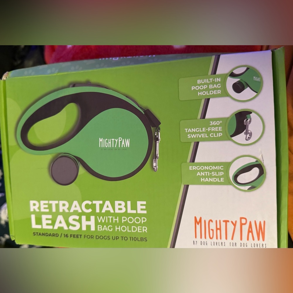 Green Retractable Dog Leash with Poop Bag Holder